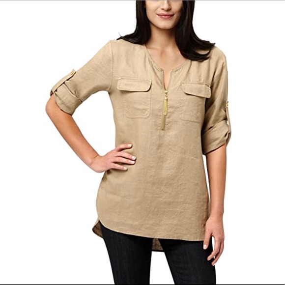 NWT COMPANY ELLEN TRACY Tab Sleeve Linen Tunic M - Picture 2 of 3